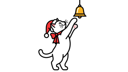 A festive cartoon cat wearing a Santa hat ringing a Christmas bell