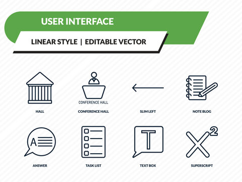 user interface icons set - hall, conference hall, slim left, text box, superscript outline vector collection.