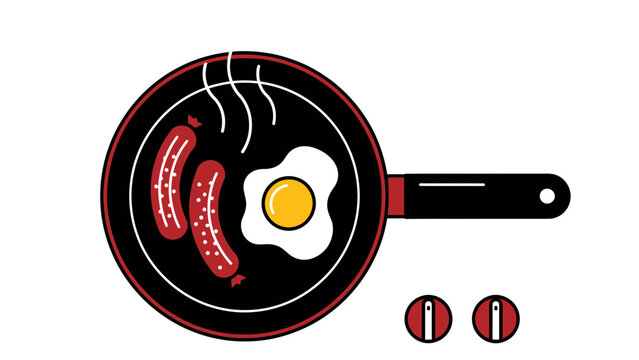 A vector graphic illustration of a frying pan with breakfast food