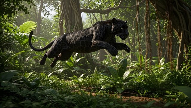 Black jaguar leaping powerfully through dense jungle wild predator motion wildlife photography ​