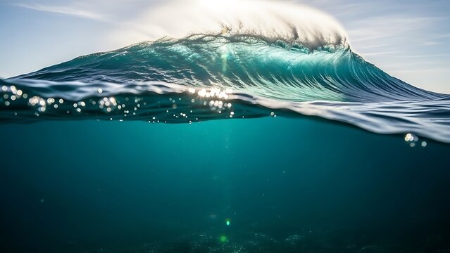 A massive wave crashes above the surface of the ocean with sunlight shining through the water below