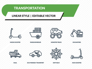 transportation icons set - micro scooter, paddlewheeler, monster truck, ship helm, kick scooter outline vector collection. © IconArt