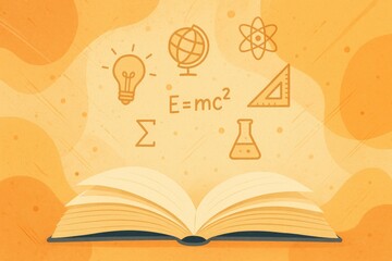 Open book with education symbols light bulb globe atom formula ruler flask learning knowledge.