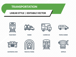 transportation icons set - train front, tanker, camper car, , zeppelin outline vector collection. © IconArt