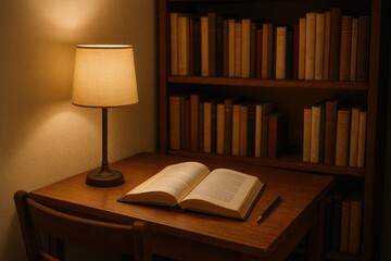 Desk with open book and lamp, reading corner, study, literature desk book lamp bookshelf reading.