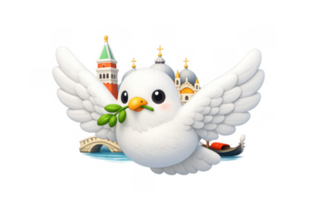 Peaceful dove with olive branch icon over iconic venice landmarks for greeting card or poster design
