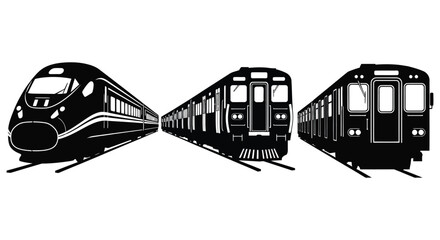 A striking depiction of three diverse train carriages positioned on tracks showcasing varying designs and features a captivating silhouette