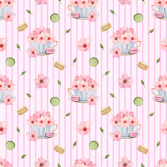 Sweet Pink Striped Pattern with Watercolor Teacups, Cherry Blossoms, and Macarons