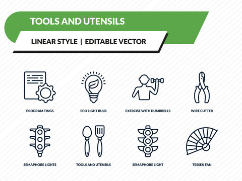 tools and utensils icons set - program tings, eco light bulb, exercise with dumbbells, semaphore light, tessen fan outline vector collection.