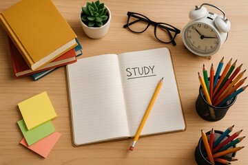 Desk study setup with colorful pencils books and alarm clock for learning desk study learning.