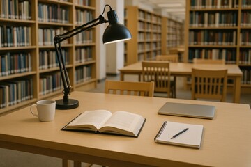 Study desk setup with open book, coffee, laptop, and lamp in library shelves background library.