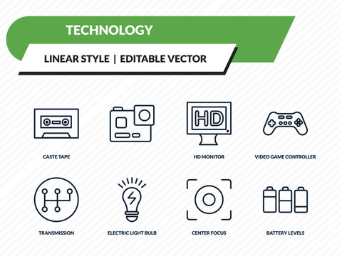 technology icons set - caste tape, , hd monitor, center focus, battery levels outline vector collection.