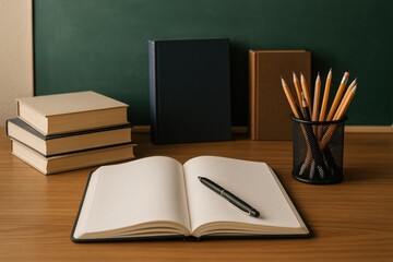 Study materials setup with books, notebook, pen, and pencils on wooden desk for learning and.