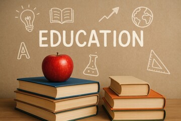 Study and knowledge represented by books, apple, and chalk drawings of learning symbols books.