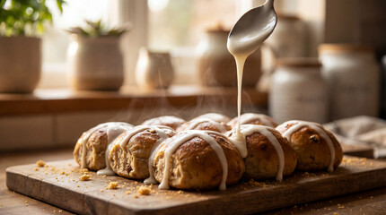 Icing drips onto hot cross buns. Fresh buns steam on wooden board, buns glazed in cozy kitchen light for Easter brunch, Good Friday baking, spring comfort food concept, copy space menu