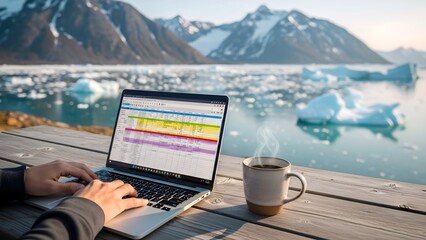 Person working on laptop with spreadsheet on wooden table with scenic Greenland glacier and mountain background, concept of digital nomad lifestyle and remote work freedom