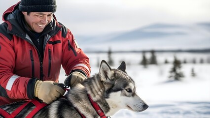 Smiling musher in red parka adjusting harness on husky dog in snowy arctic landscape, preparing for sledding expedition in Greenland winter wilderness