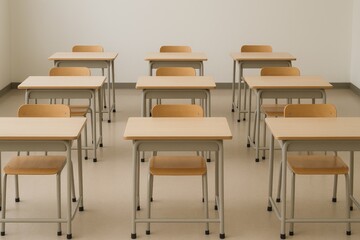 Classroom rows of empty desks and chairs ready for learning and education classroom desks chairs.