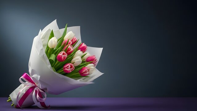 A bouquet of pink and white tulips wrapped in white paper