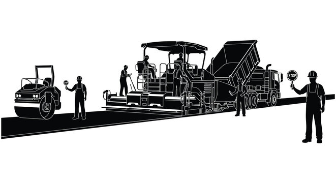 Road construction crew performing asphalt paving operations with heavy machinery and workers overseeing the process presented as a striking silhouette