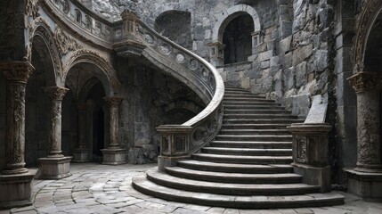 Spiral staircase in an ancient stone building with arched windows and ornate columns in a historical location during daylight