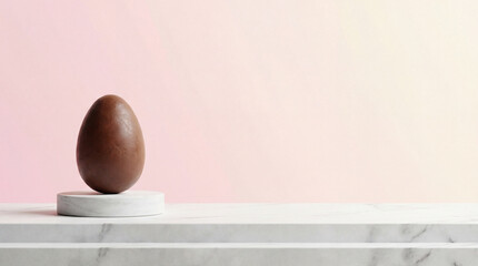 Chocolate egg on marble pedestal. Minimal chocolate egg mockup on marble stand with pastel gradient background, chocolate egg gift for Easter promotion, spring dessert banner, copy space