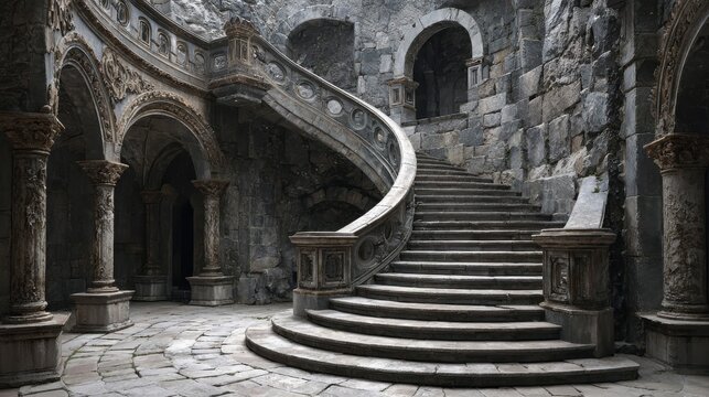 Spiral staircase in an ancient stone building with arched windows and ornate columns in a historical location during daylight - Powered by Adobe