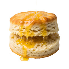 A sweet and sticky honey dripping from a freshly baked biscuit, captured from a front viewpoint