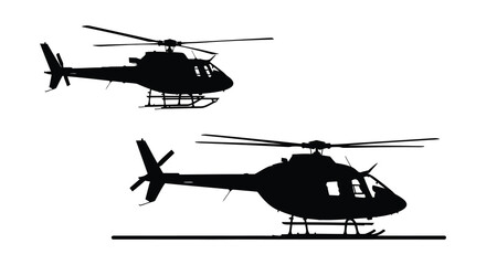 Detailed depiction of two helicopters in flight showcasing rotor blades and streamlined bodies presented as a striking black silhouette high quality © rabbivay