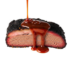 A close-up shot of a barbecue sauce being poured over a sliced brisket showcasing the tender meat and crispy texture