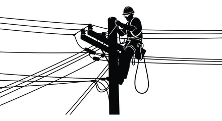 A lineman skillfully working on high voltage power lines while suspended from a bucket truck a striking silhouette high quality professional © rabbivay