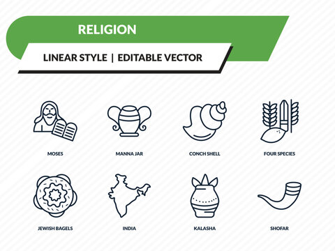religion icons set - moses, manna jar, conch shell, kalasha, shofar outline vector collection.