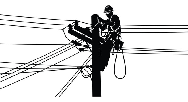 A lineman skillfully working on high voltage power lines while suspended from a bucket truck a striking silhouette high quality professional