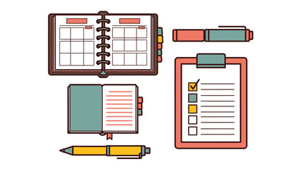 A colorful illustration of office supplies and planners on a white background