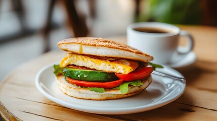 Breakfast sandwich with coffee and fresh vegetables