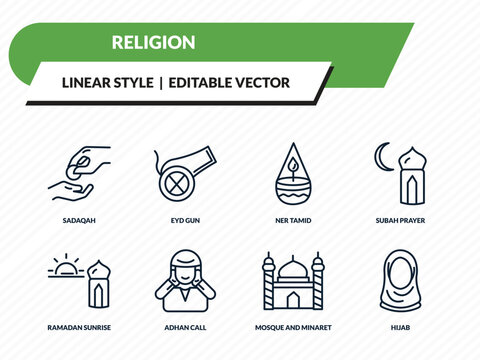 religion icons set - sadaqah, eyd gun, ner tamid, mosque and minaret, hijab outline vector collection.