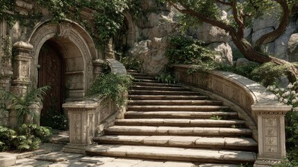 Spiral staircase in an ancient stone building with arched windows and ornate columns in a historical location during daylight