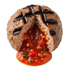 A grilled meatball cut open to reveal a spicy red sauce filling, viewed from the front.