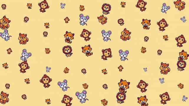 Pattern featuring lions, monkeys, and mice. Perfect for childrens products, prints, wallpapers, and stationery with an animal theme.