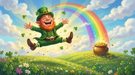 Leprechaun in green attire joyfully dances along a riverbank, scattering gold coins while a vibrant rainbow arcs overhead in a lush, green landscape, Saint Patrick's Day
