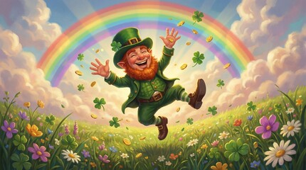 Leprechaun in green attire joyfully dances along a riverbank, scattering gold coins while a vibrant rainbow arcs overhead in a lush, green landscape, Saint Patrick's Day