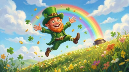 Leprechaun in green attire joyfully dances along a riverbank, scattering gold coins while a vibrant rainbow arcs overhead in a lush, green landscape, Saint Patrick's Day