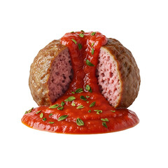 A close-up view of a meatball cut in half with sauce pouring down on a white surface
