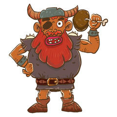 Hand drawn a cute viking holding a chicken thigh ready to eat