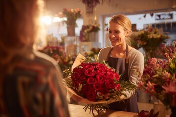 Florist handing a bouquet of red roses to a customer.