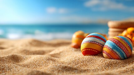 Obraz premium A beach scene with three colorful eggs on the sand