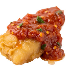 Close-up shot of tempura shrimp topped with spicy red sauce and garnished with herbs, viewed from a high angle, on a plain white background