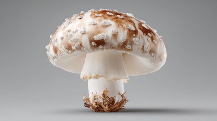 Mushroom with brown cap and white spots on a gray background showcasing natural details of fungi life cycle and structure