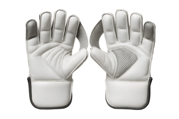 White cricket wicket keeping gloves professional sports safety equipment for hand protection leather material padded gear for catcher match tournament isolated on transparent background