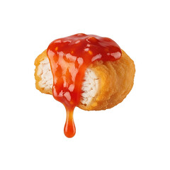 A single piece of sushi topped with red sauce, isolated on a white surface, viewed from directly above.